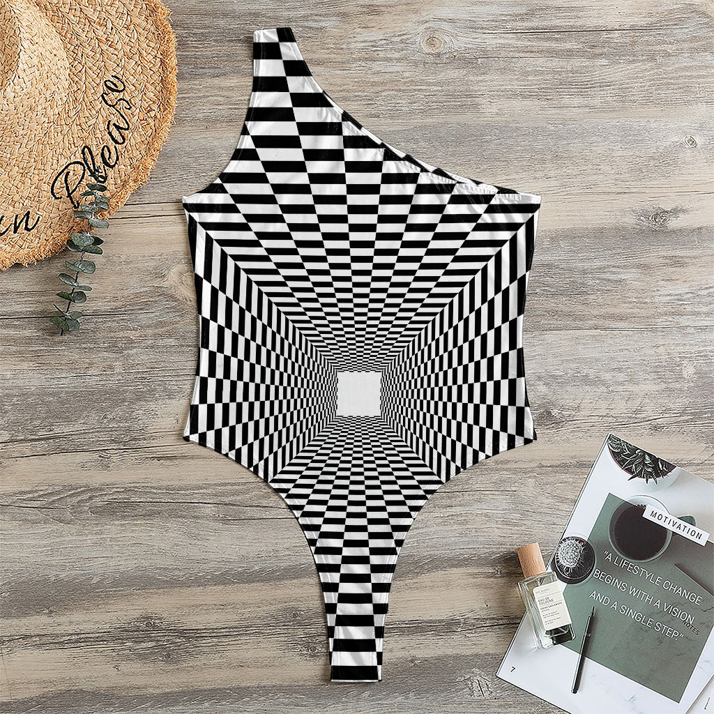 Black And White Tunnel Illusion Print One Shoulder Bodysuit