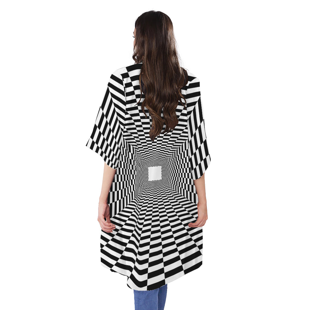 Black And White Tunnel Illusion Print Open Front Beach Cover Up