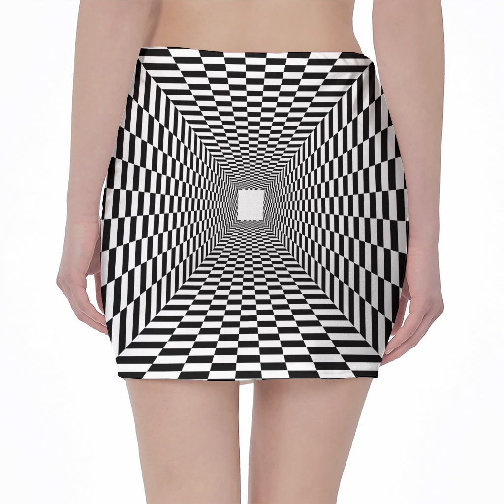 Black And White Tunnel Illusion Print Pencil Mini Skirt