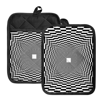 Black And White Tunnel Illusion Print Pot Holders With Pocket