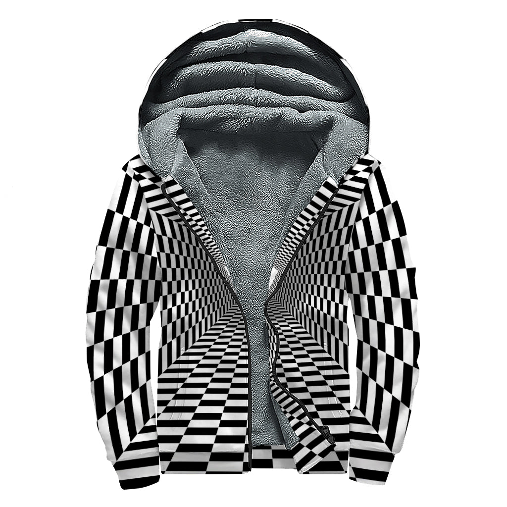 Black And White Tunnel Illusion Print Sherpa Lined Zip Up Hoodie