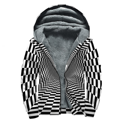 Black And White Tunnel Illusion Print Sherpa Lined Zip Up Hoodie