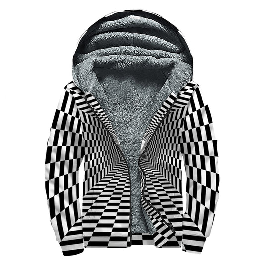 Black And White Tunnel Illusion Print Sherpa Lined Zip Up Hoodie