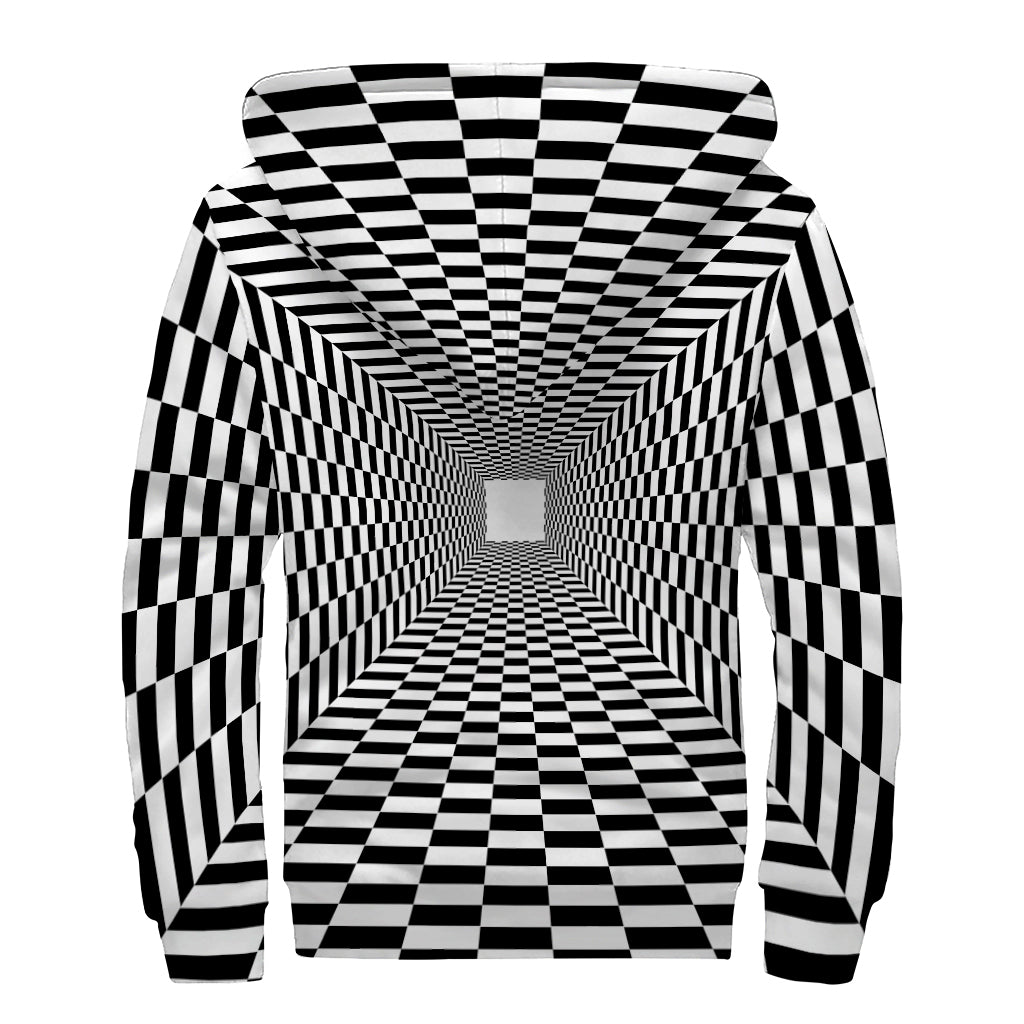 Black And White Tunnel Illusion Print Sherpa Lined Zip Up Hoodie