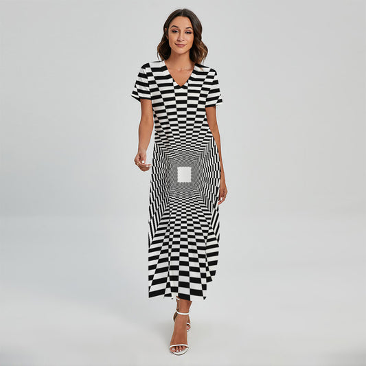 Black And White Tunnel Illusion Print Short Sleeve Maxi Dress