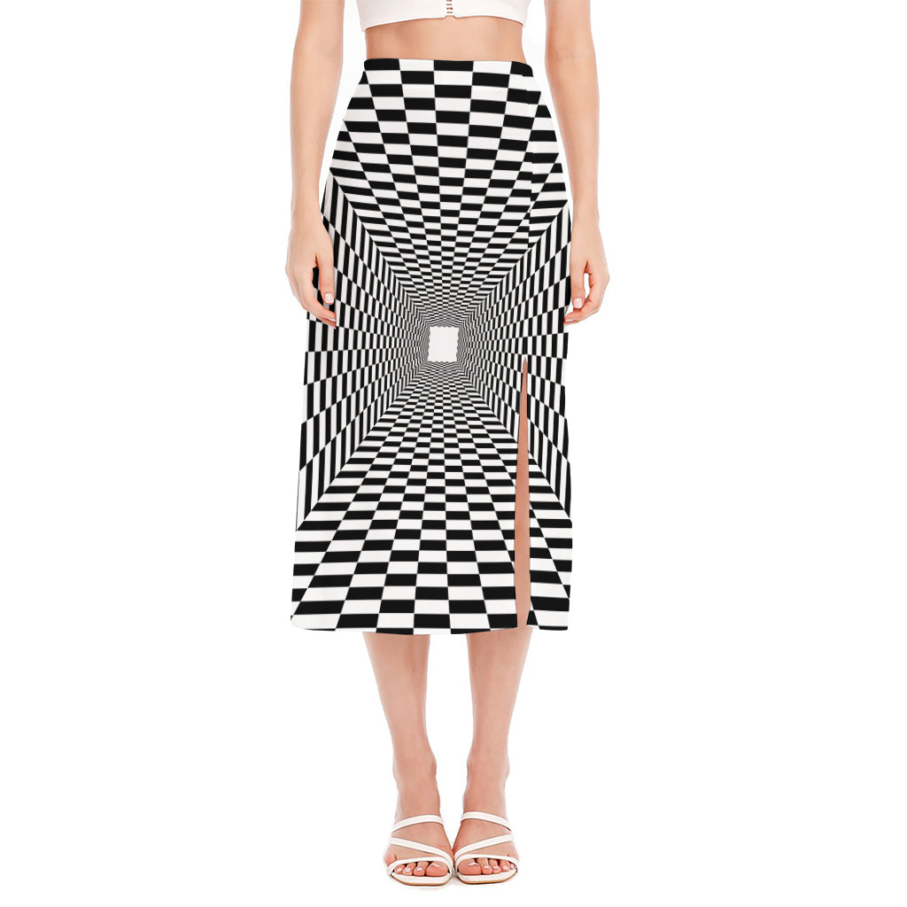 Black And White Tunnel Illusion Print Side Slit Midi Skirt