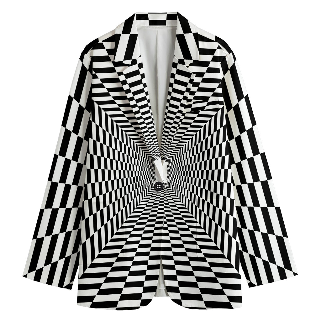Black And White Tunnel Illusion Print Women's Cotton Blazer