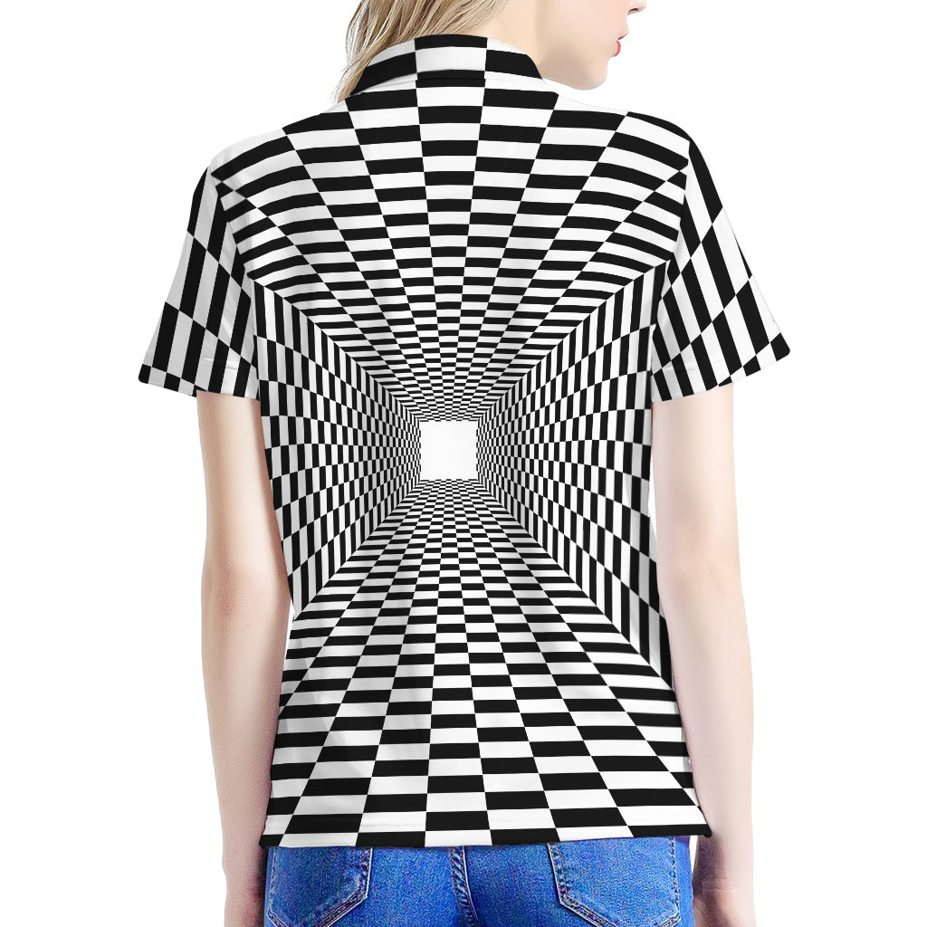 Black And White Tunnel Illusion Print Women's Polo Shirt