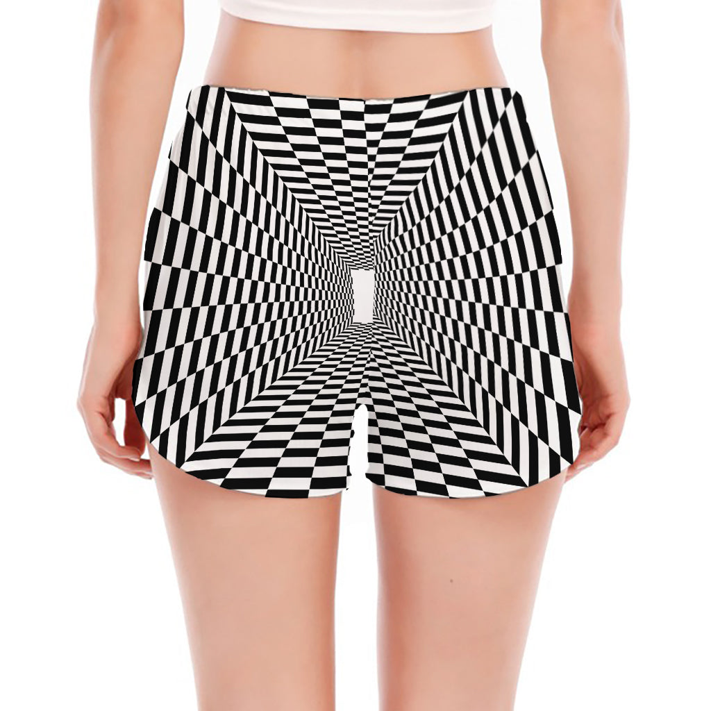Black And White Tunnel Illusion Print Women's Split Running Shorts