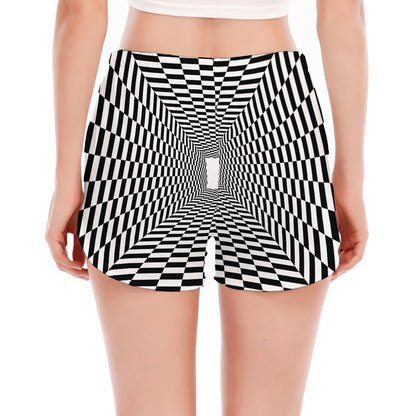 Black And White Tunnel Illusion Print Women's Split Running Shorts
