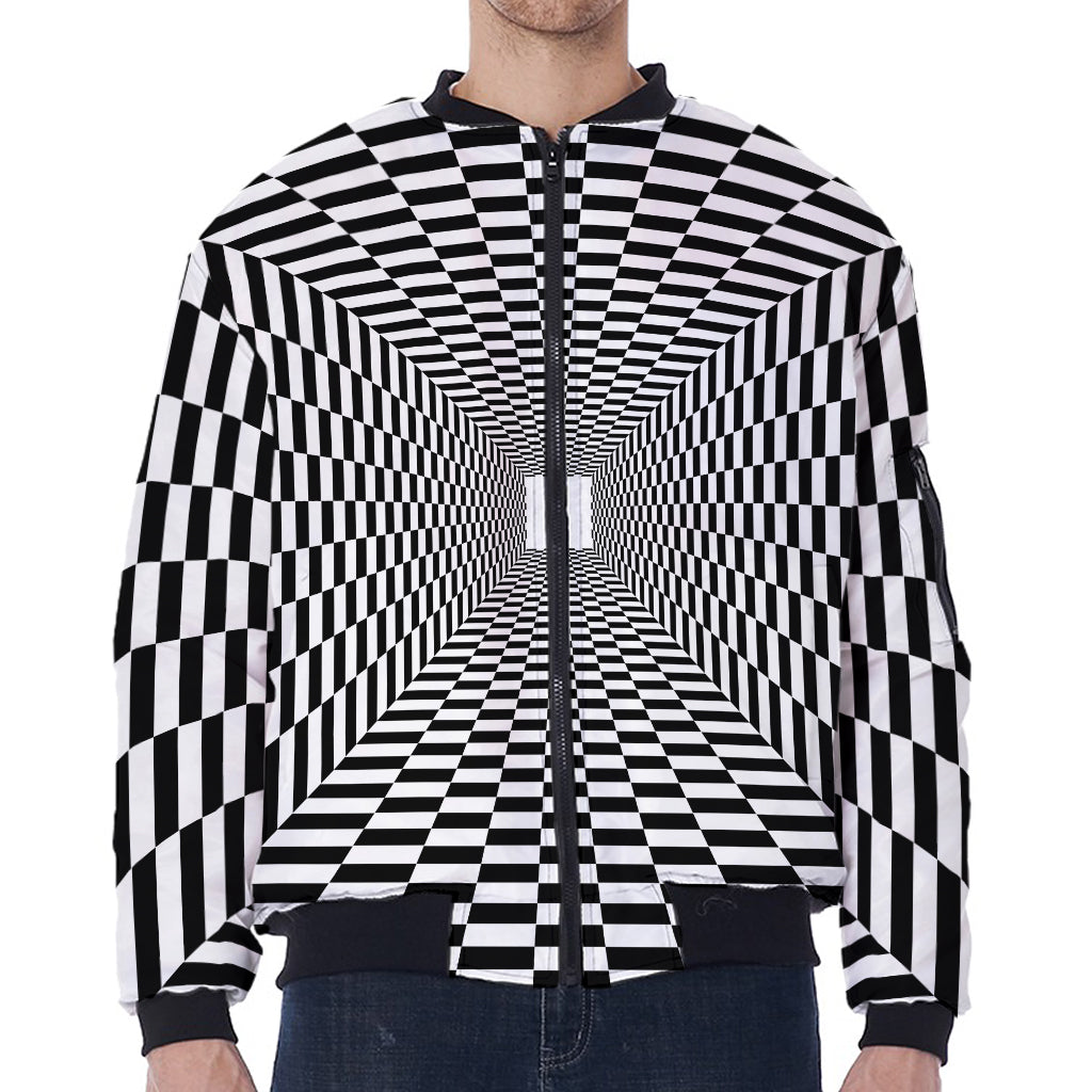 Black And White Tunnel Illusion Print Zip Sleeve Bomber Jacket