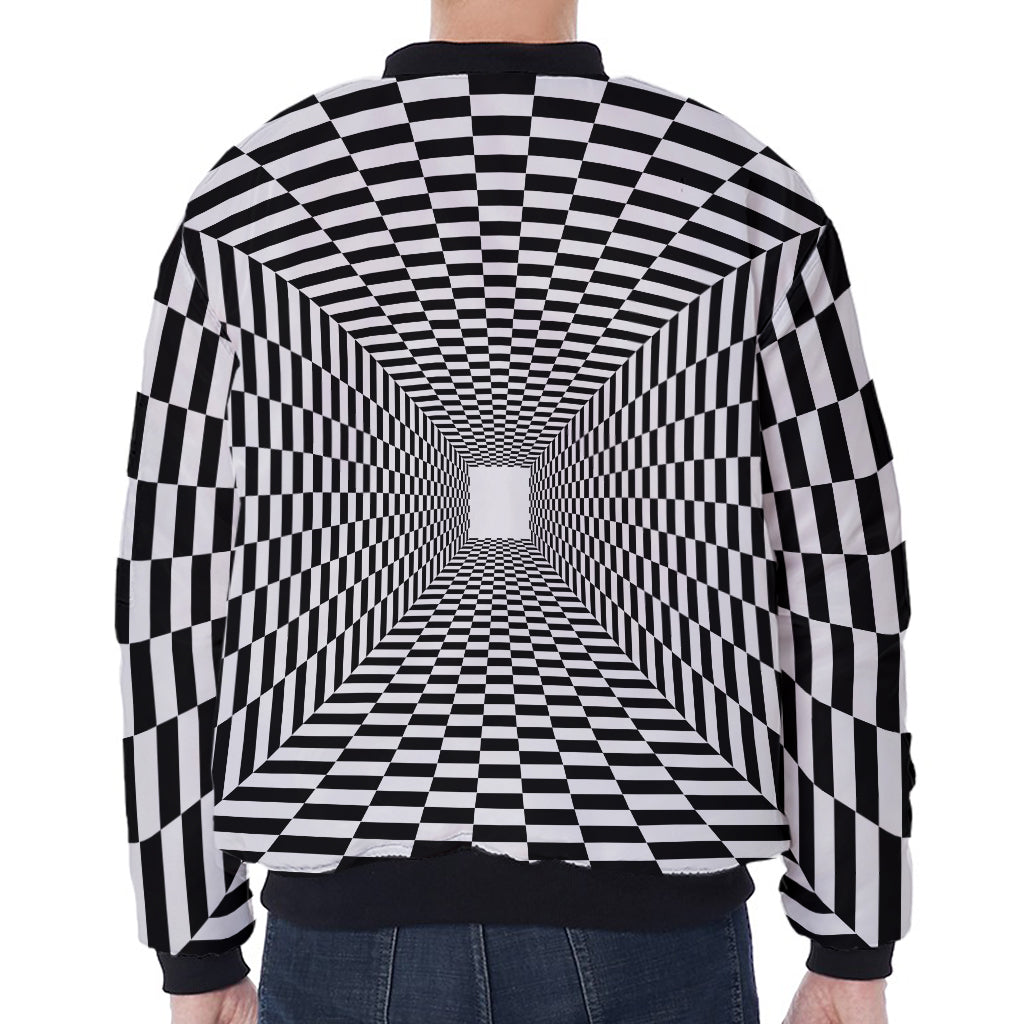 Black And White Tunnel Illusion Print Zip Sleeve Bomber Jacket