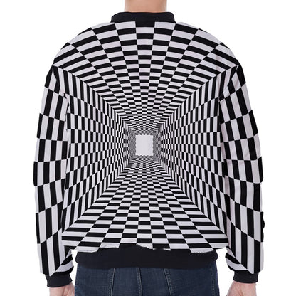 Black And White Tunnel Illusion Print Zip Sleeve Bomber Jacket