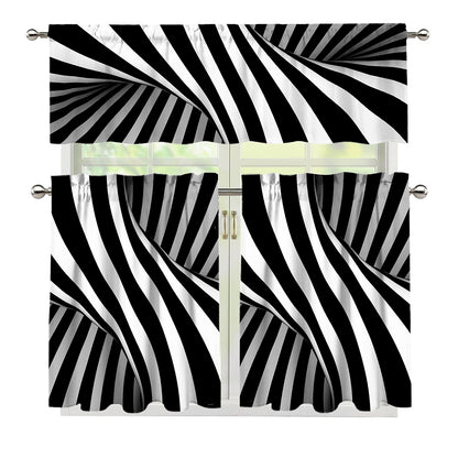 Black And White Twist Illusion Print 3 Piece Kitchen Curtains