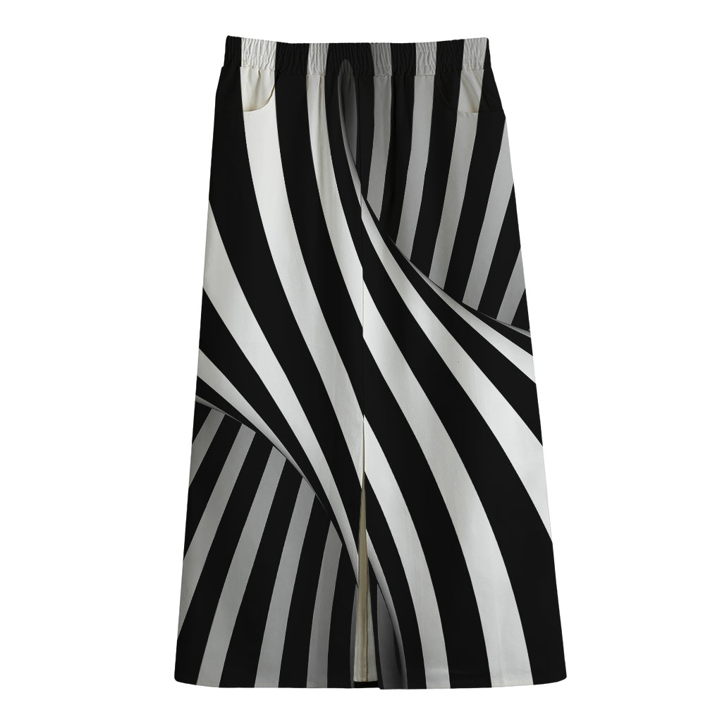 Black And White Twist Illusion Print Cotton Front Slit Maxi Skirt