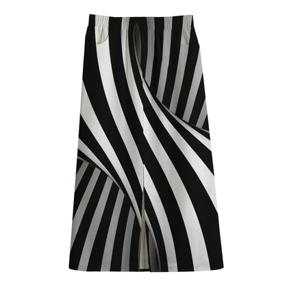 Black And White Twist Illusion Print Cotton Front Slit Maxi Skirt