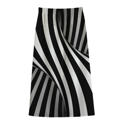 Black And White Twist Illusion Print Cotton Front Slit Maxi Skirt