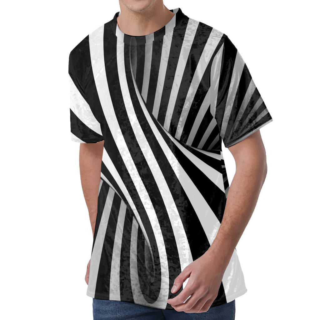 Black And White Twist Illusion Print Men's Velvet T-Shirt