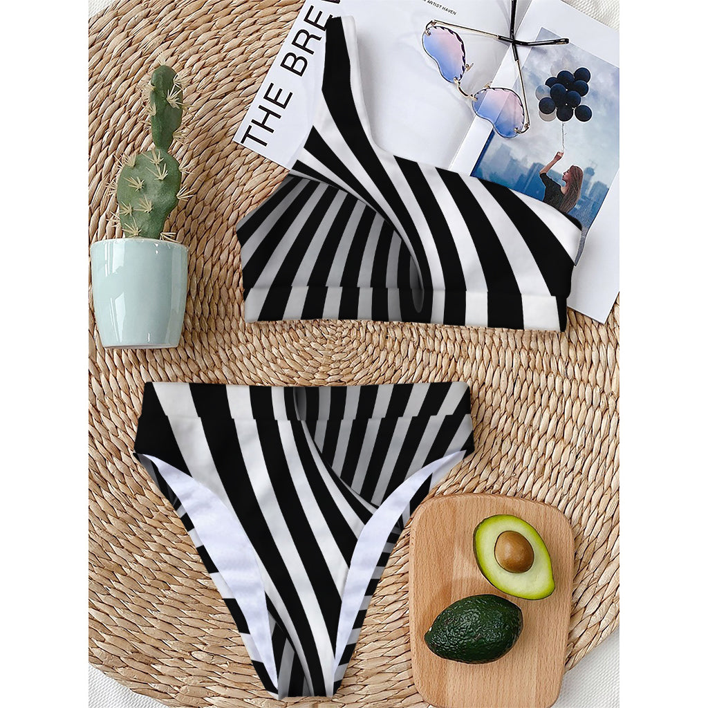 Black And White Twist Illusion Print One Shoulder Bikini Top
