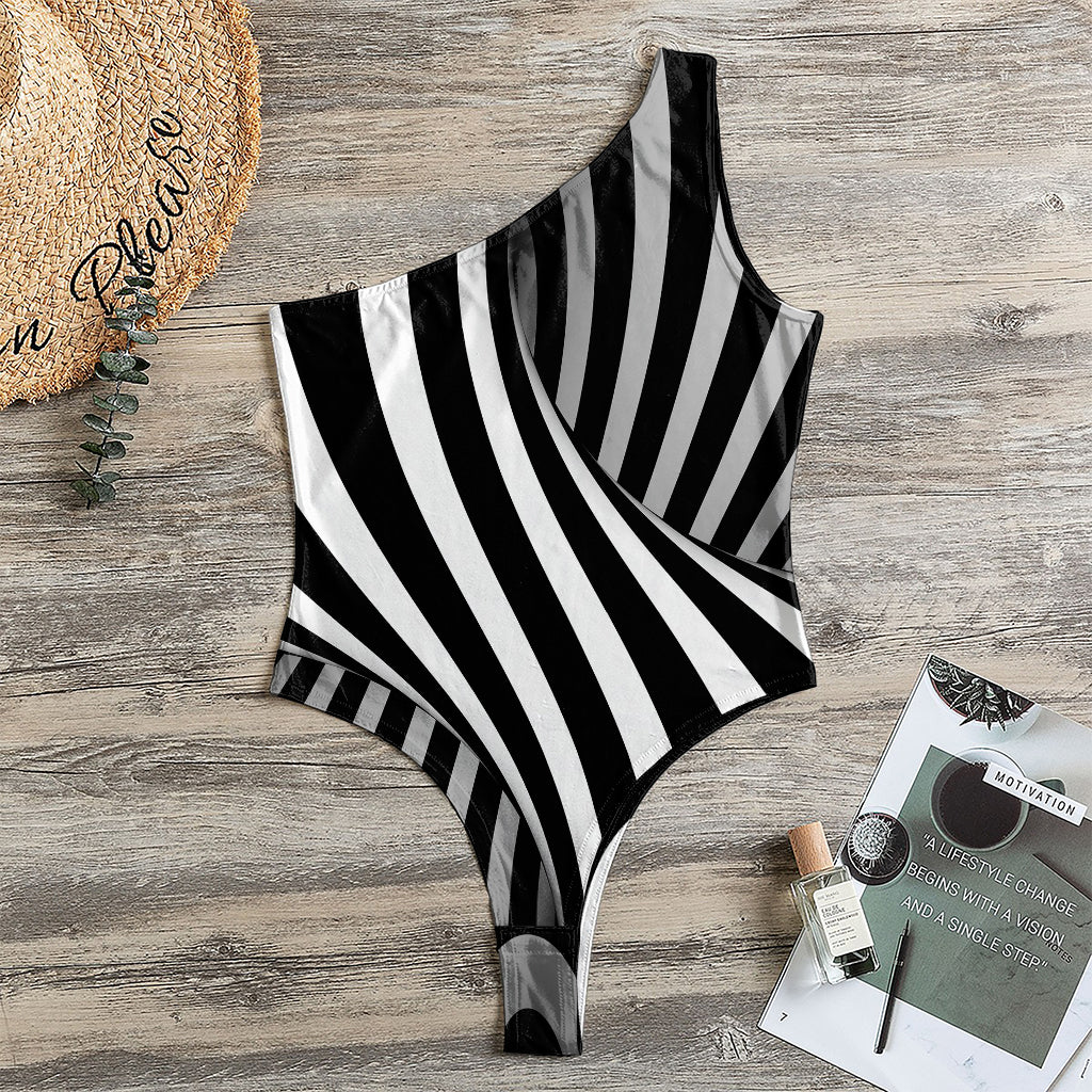 Black And White Twist Illusion Print One Shoulder Bodysuit