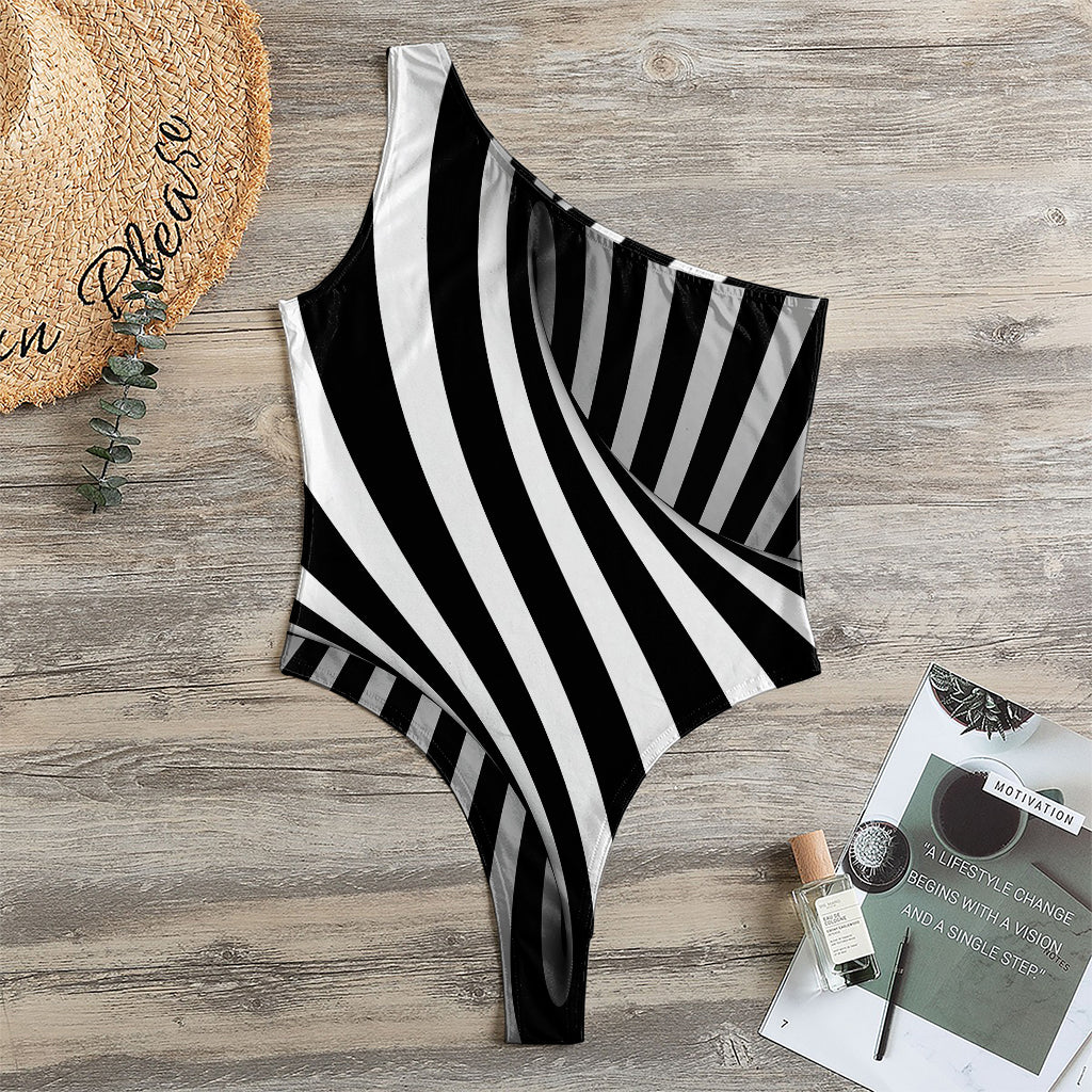 Black And White Twist Illusion Print One Shoulder Bodysuit