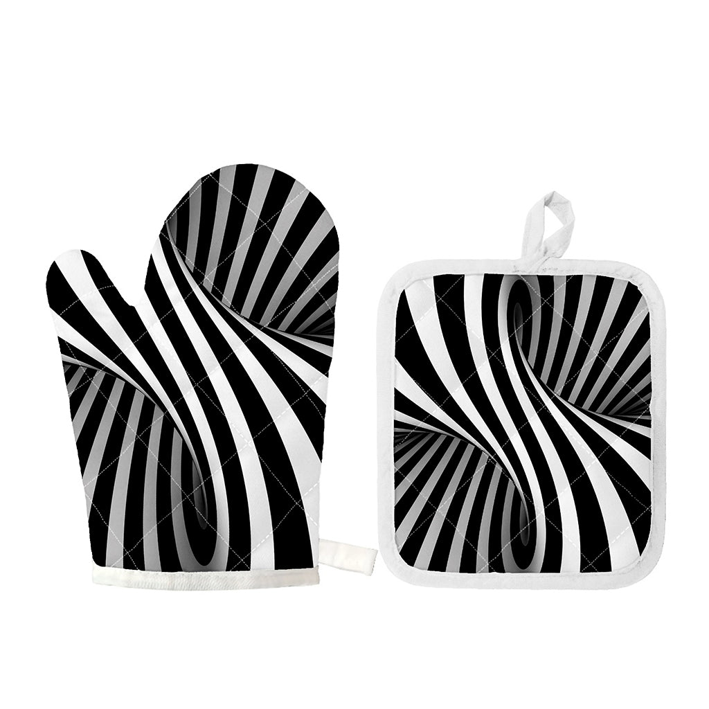Black And White Twist Illusion Print Oven Mitt And Pot Holder Set
