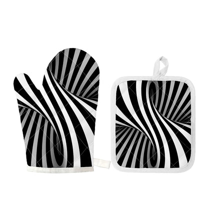 Black And White Twist Illusion Print Oven Mitt And Pot Holder Set