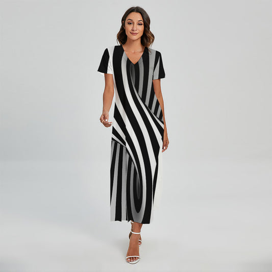 Black And White Twist Illusion Print Short Sleeve Maxi Dress