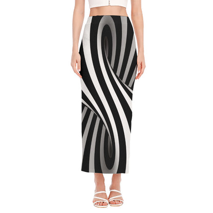 Black And White Twist Illusion Print Side Slit Maxi Skirt
