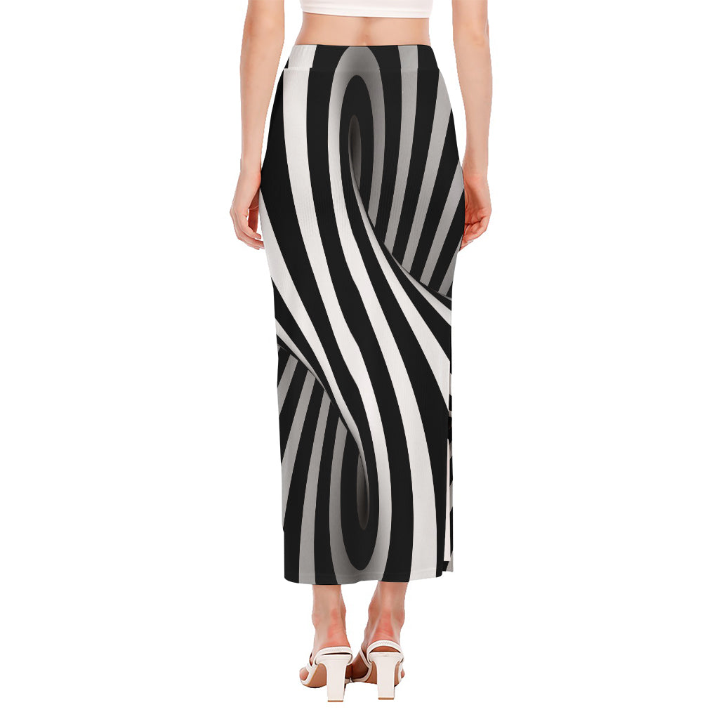 Black And White Twist Illusion Print Side Slit Maxi Skirt
