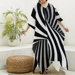 Black And White Twist Illusion Print Silk V-Neck Kaftan Dress