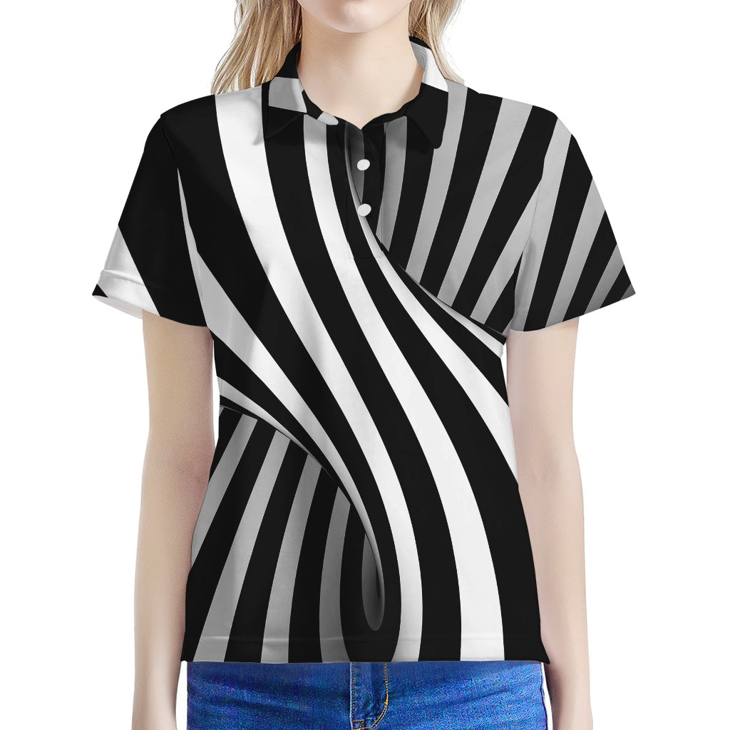 Black And White Twist Illusion Print Women's Polo Shirt