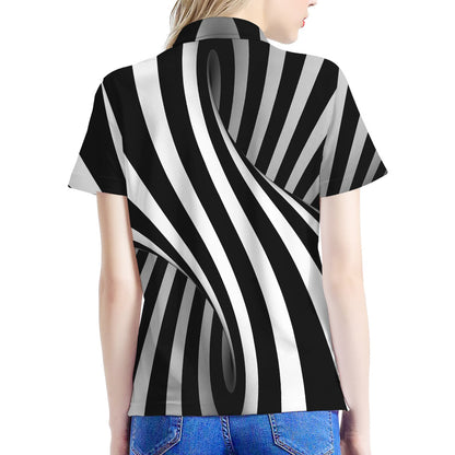Black And White Twist Illusion Print Women's Polo Shirt
