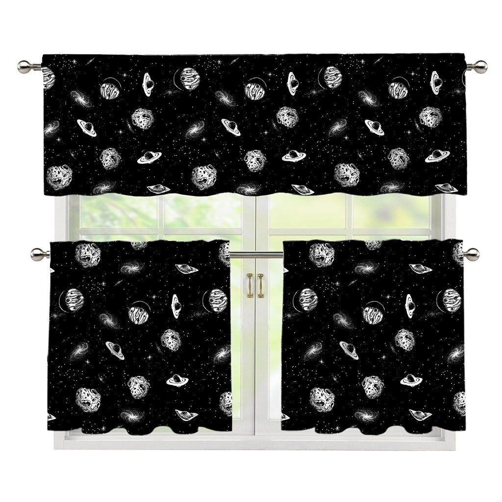 Black And White UFO Pattern Print 3 Piece Kitchen Curtains