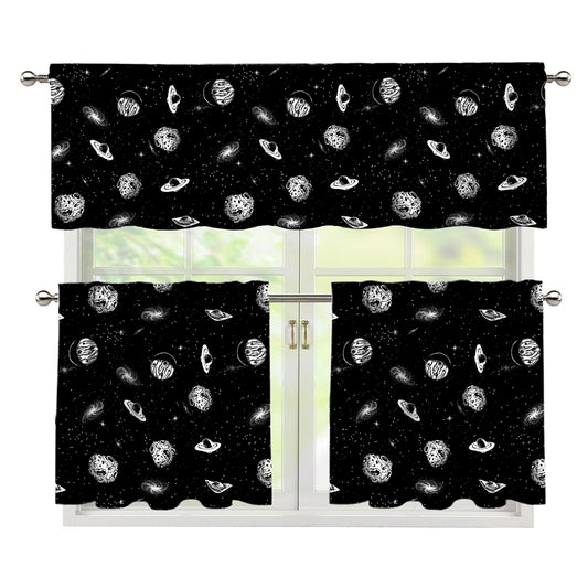 Black And White UFO Pattern Print 3 Piece Kitchen Curtains