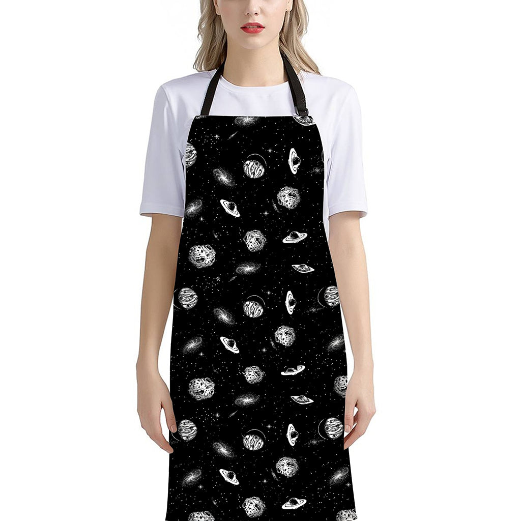 Black And White UFO Pattern Print Bib Apron With Pocket