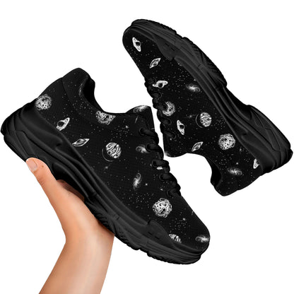 Black And White UFO Pattern Print Black Chunky Shoes