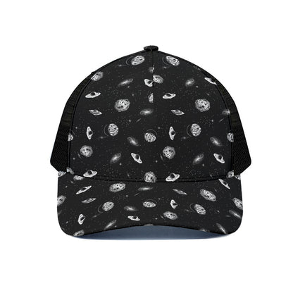 Black And White UFO Pattern Print Black Mesh Trucker Cap