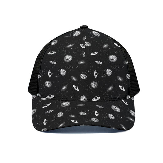 Black And White UFO Pattern Print Black Mesh Trucker Cap