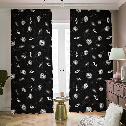Black And White UFO Pattern Print Blackout Pencil Pleat Curtains