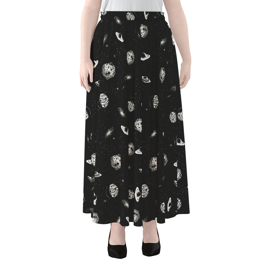 Black And White UFO Pattern Print Chiffon Maxi Skirt