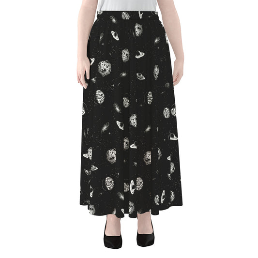 Black And White UFO Pattern Print Chiffon Maxi Skirt
