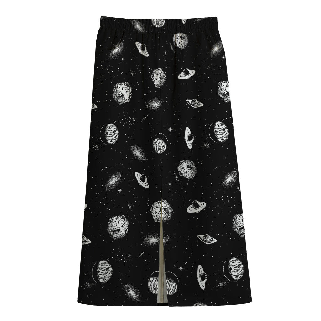 Black And White UFO Pattern Print Cotton Front Slit Maxi Skirt