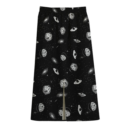 Black And White UFO Pattern Print Cotton Front Slit Maxi Skirt