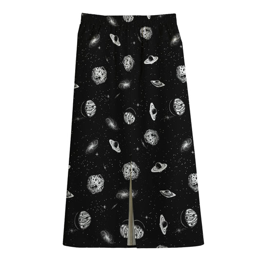 Black And White UFO Pattern Print Cotton Front Slit Maxi Skirt