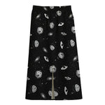 Black And White UFO Pattern Print Cotton Front Slit Maxi Skirt