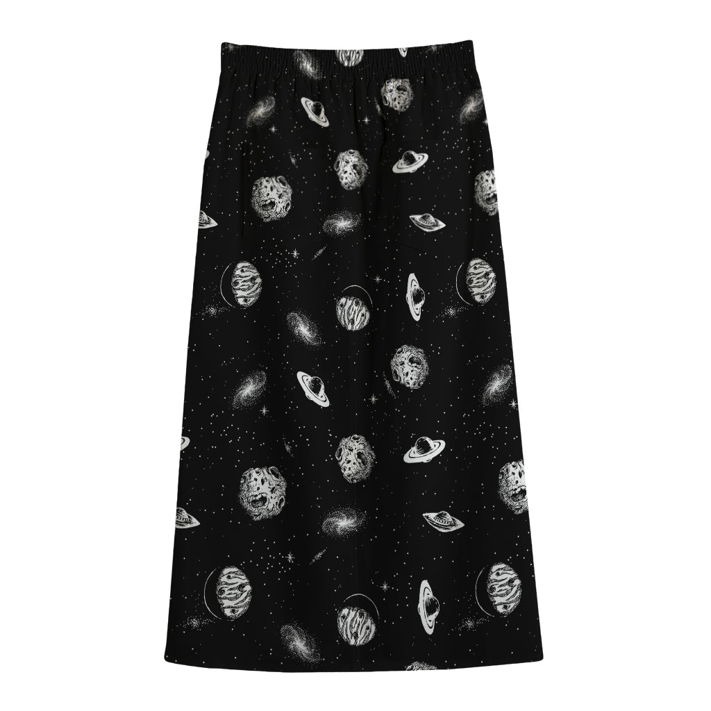 Black And White UFO Pattern Print Cotton Front Slit Maxi Skirt