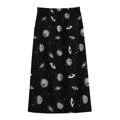 Black And White UFO Pattern Print Cotton Front Slit Maxi Skirt