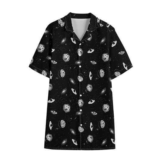 Black And White UFO Pattern Print Cotton Hawaiian Shirt
