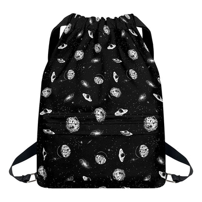 Black And White UFO Pattern Print Drawstring Backpack